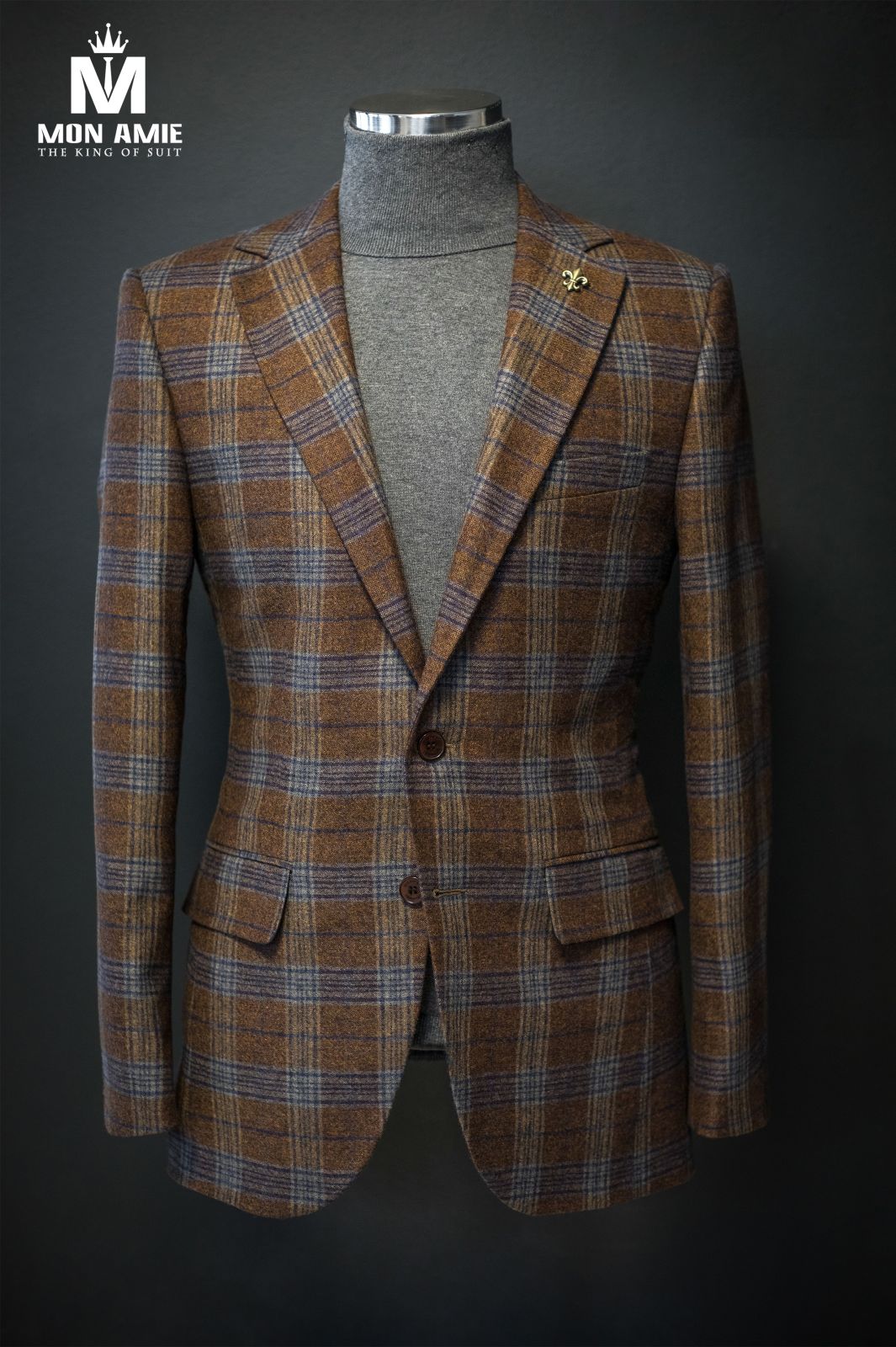 Mix Navy Plaid On Orange Blazer